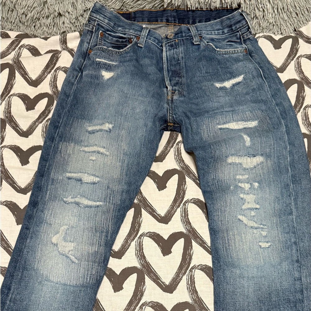 Levi's 501 150th anniversary distressed blue jeans size 34w 32L